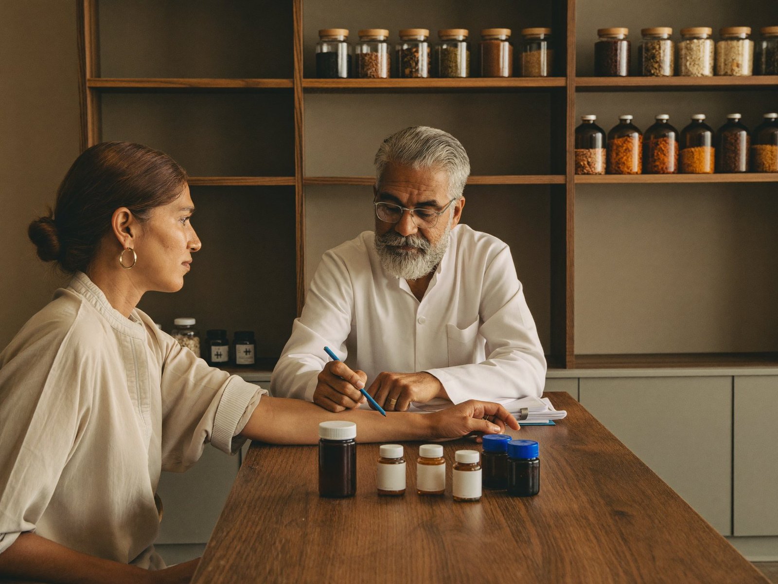 Ayurvedic practitioner consulting a patient beside shelves of Kottakkal medicines