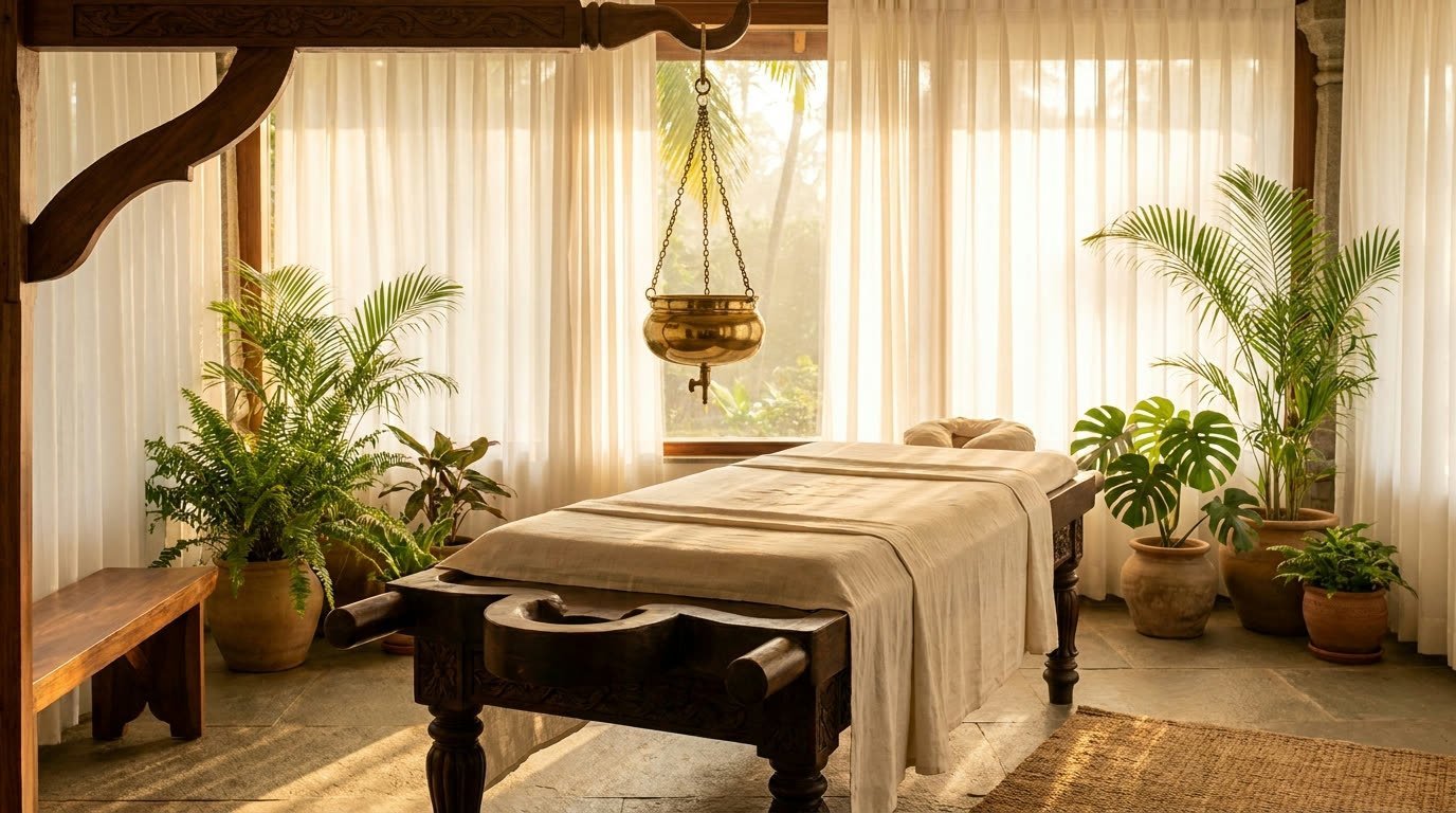 Ayurvedic treatment room with a wooden massage table and potted plants