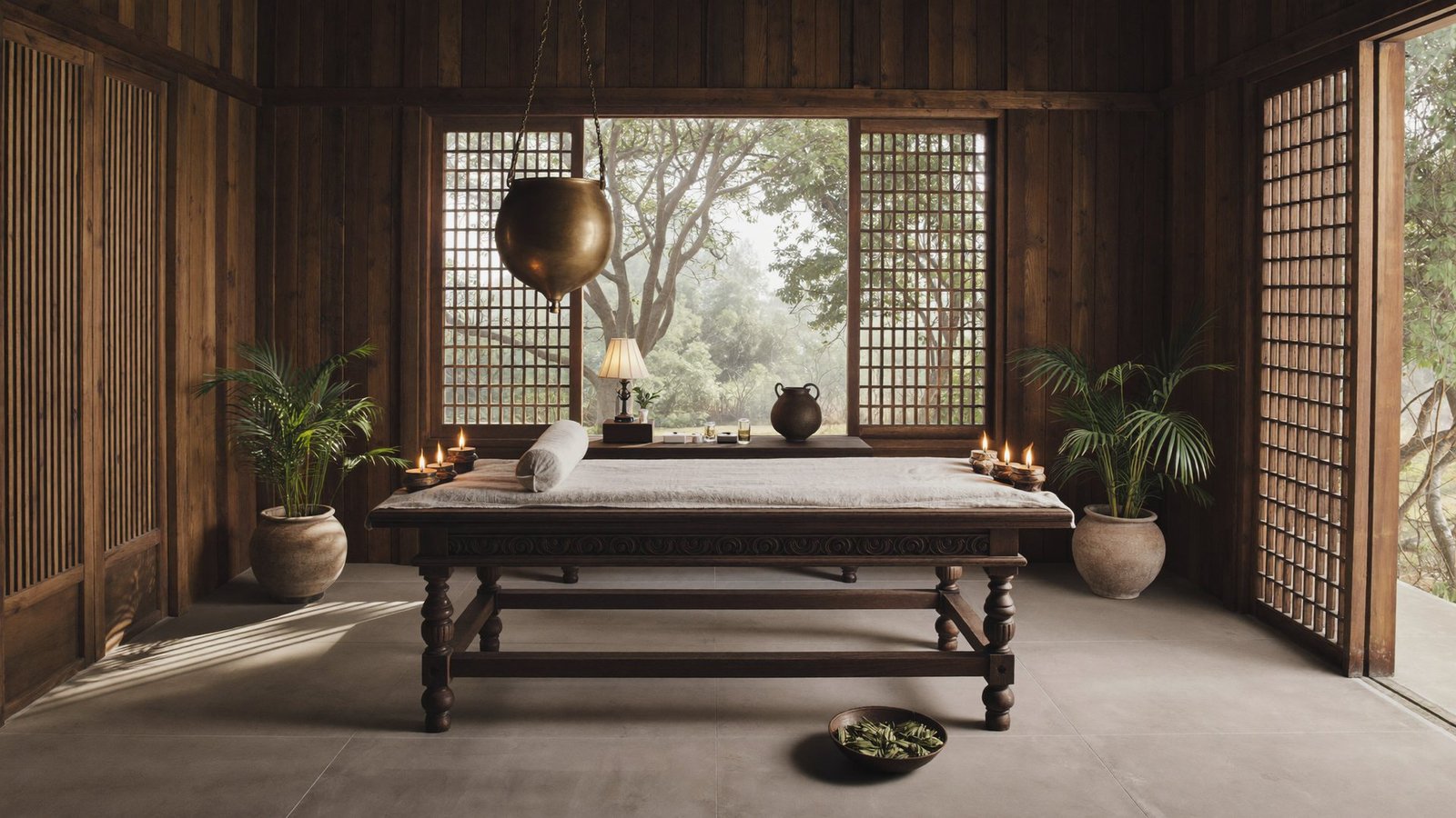 Treatment room at Kottakkal Ayurvedic Centre in Ruwi, Muscat, with a wooden droni table and open shutters