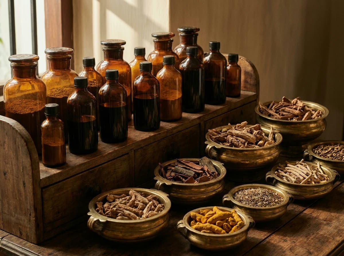 Amber medicine bottles and raw Ayurvedic herbs arranged on a wooden counter