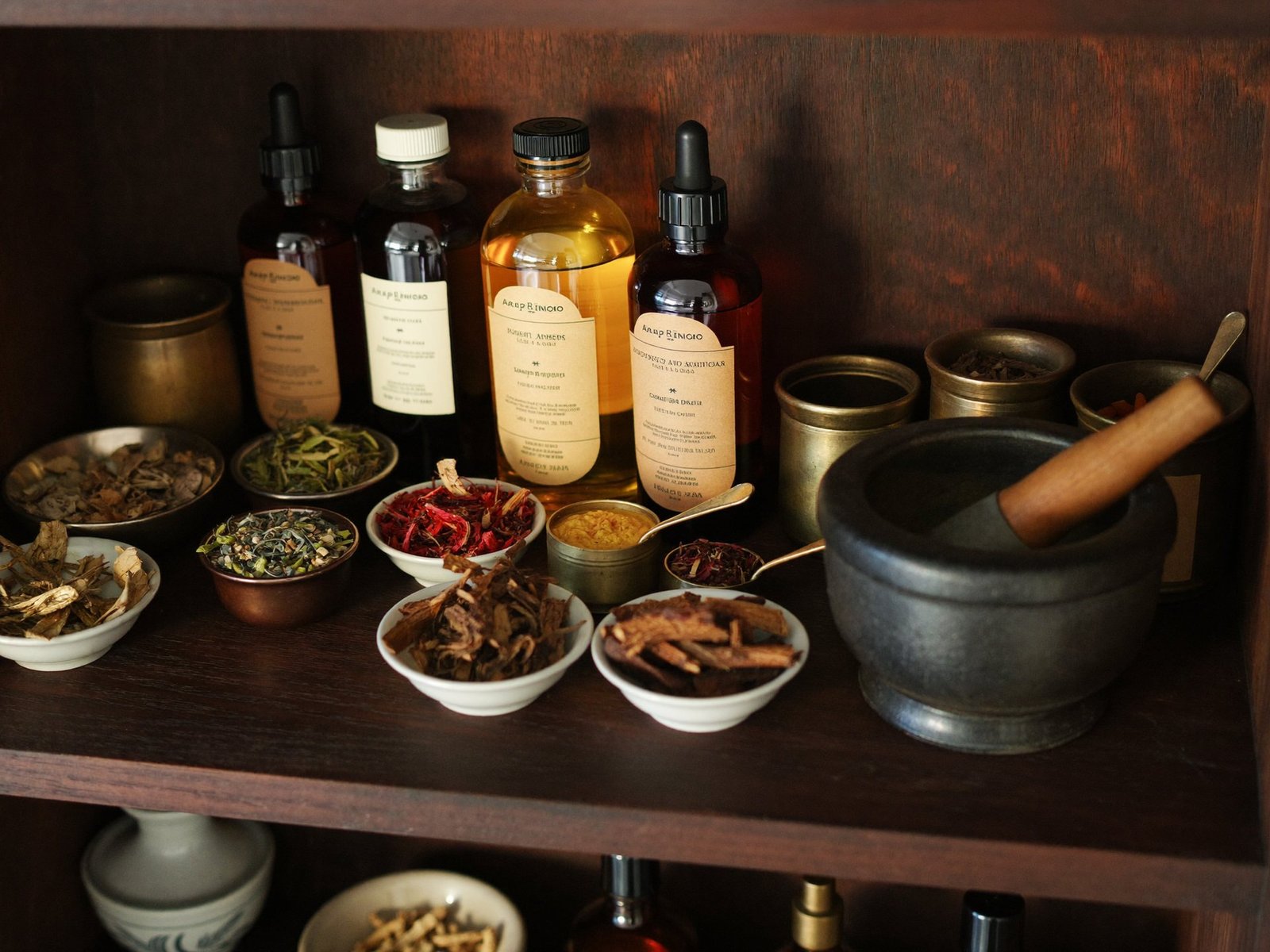 Shelves of Kottakkal medicated oils, kashayams and herb bowls at the Ruwi centre
