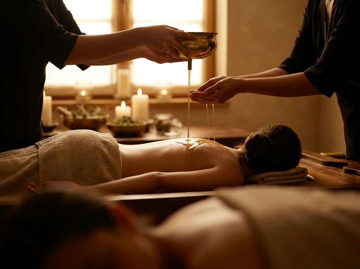 Therapist pouring warm medicated oil during an Abhyanga full-body massage