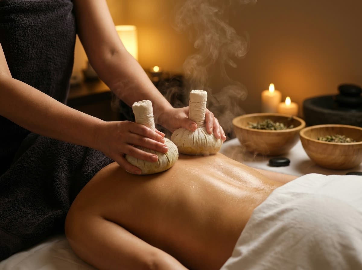 Warm herbal pouches applied to the back during Kizhi fomentation therapy