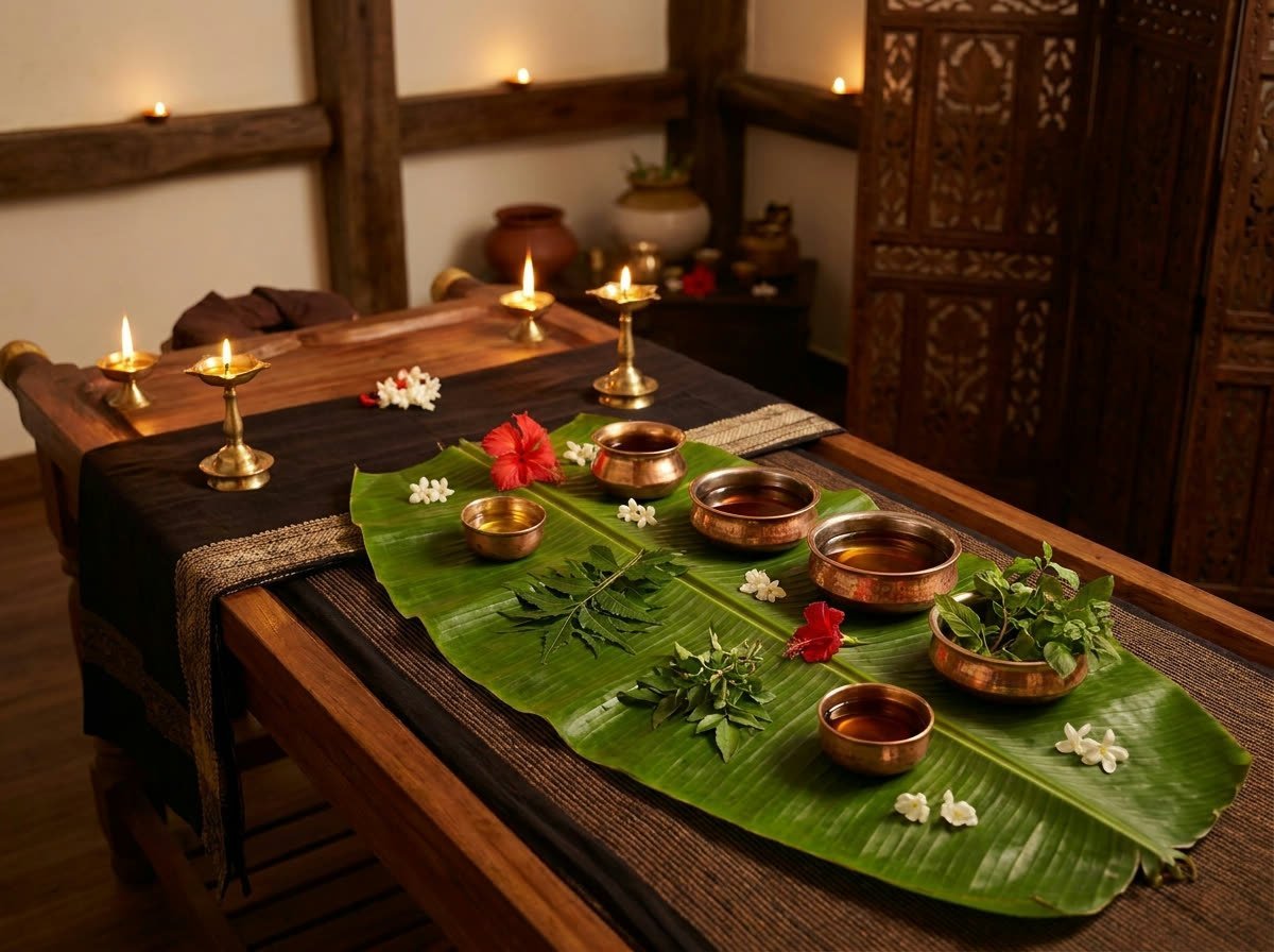 Panchakarma treatment table set with brass vessels, herbs and lamps