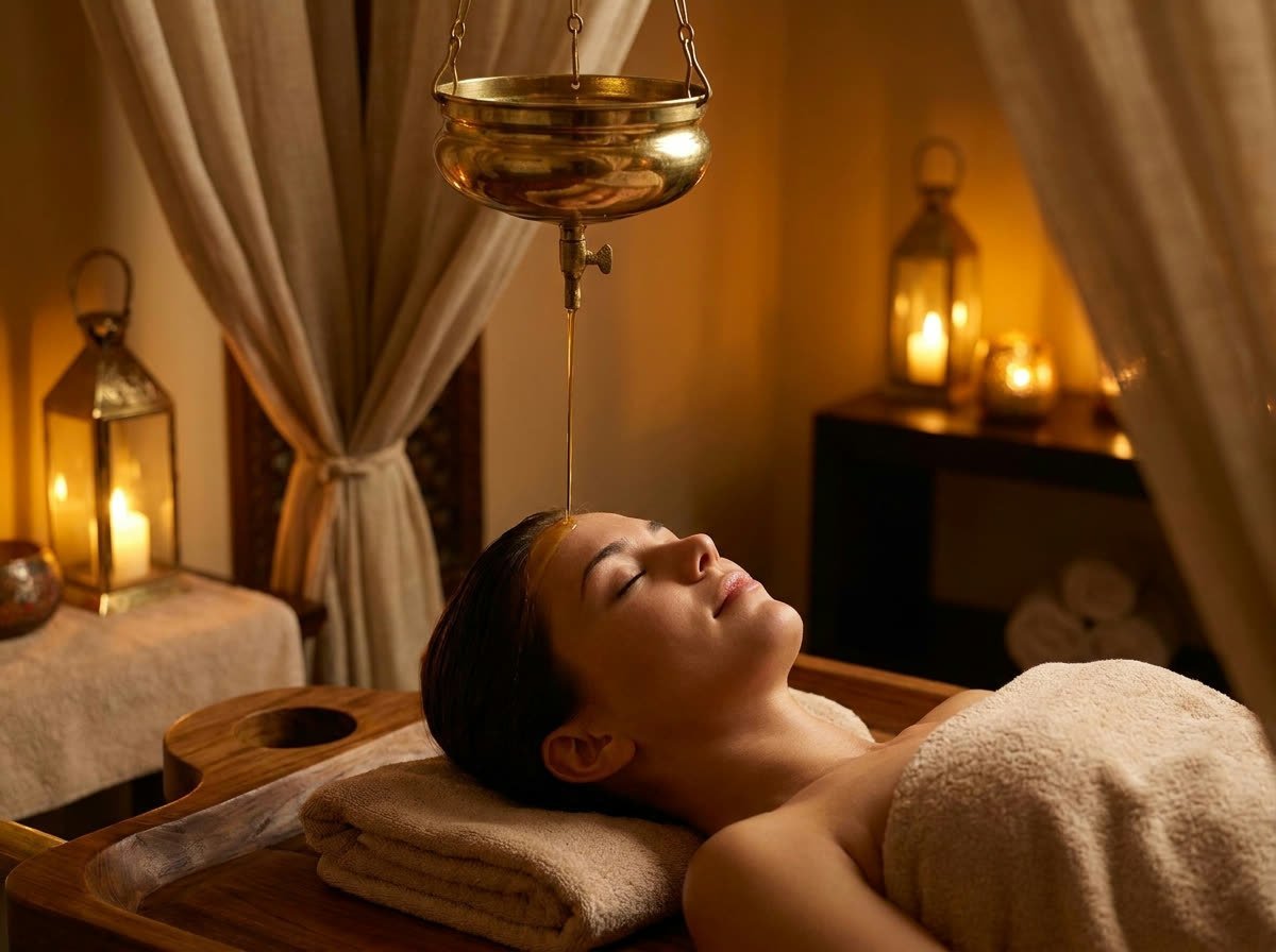 Shirodhara therapy with a continuous stream of warm oil over the forehead